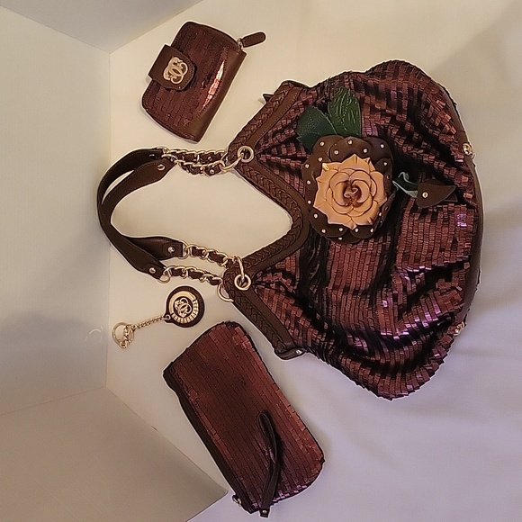 Sharif designed in NY purse and wallet 4 piece Set in copper sequin NWOT - Picture 1 of 12